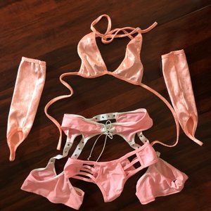 PINK RAVE OUTFIT SIZE SMALL GARTER SHORTS ARM WARMERS TOP BOTTOMS